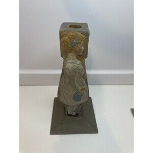 Antique Wooden Candlestick Holder Girl Carrying A Toy Cracks